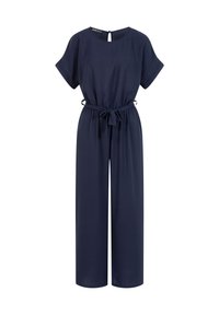 Combinaison bleu marine à manches courtes avec jambes larges, encolure ronde, fermeture boutonnée au dos et ceinture en tissu nouée à la taille.