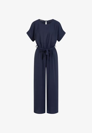Marineblå kortærmet heldragt med vide ben, rund halsudskæring, knaplukning bagpå og stofbælte bundet i taljen.