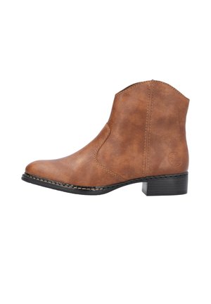 Braune synthetische Knöchelstiefel mit runder Zehenpartie, niedrigem Blockabsatz, dezenten Steppdetails und glatter Textur, die ein seitliches Paneeldesign aufweisen.