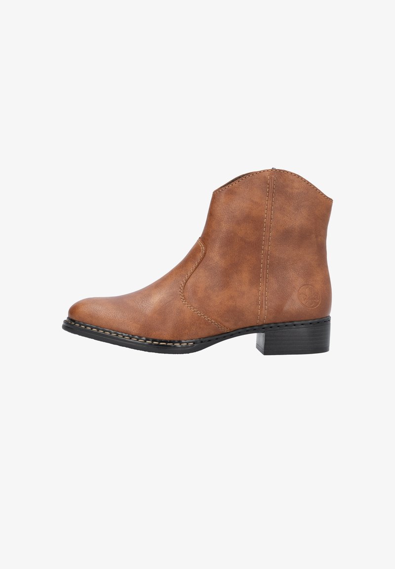 Braune synthetische Knöchelstiefel mit runder Zehenpartie, niedrigem Blockabsatz, dezenten Steppdetails und glatter Textur, die ein seitliches Paneeldesign aufweisen.