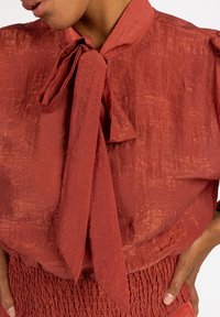 Bluse in rostrot mit strukturiertem Finish, ausgestattet mit einer Schleife am Kragen und gerafften Details an der Taille, die eine strukturierte Silhouette erzeugen.