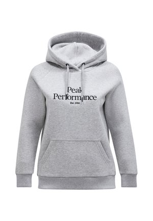 Grijze hoodie met een voorzak, een capuchon met trekkoord en geribbelde manchetten. Met de tekst "Peak Performance" en "Est.1986" in zwarte letters op de voorkant.
