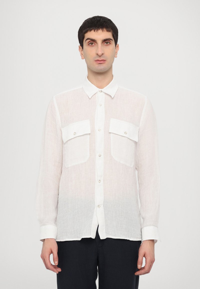 White linen long-sleeve shirt with a button-down collar, two chest pockets, and a slight gradient from white to light gray at the hem.