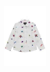 Witte overhemd met lange mouwen en knoopsluiting, versierd met speelse, meerkleurige prints, waaronder cijfers en graphics, met een klassieke kraag en zacht materiaal.