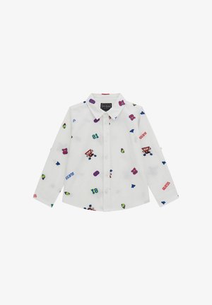 Camicia bianca a maniche lunghe con bottoni, decorata con stampe giocose multicolori, tra cui numeri e grafiche, caratterizzata da un colletto classico e un tessuto morbido.