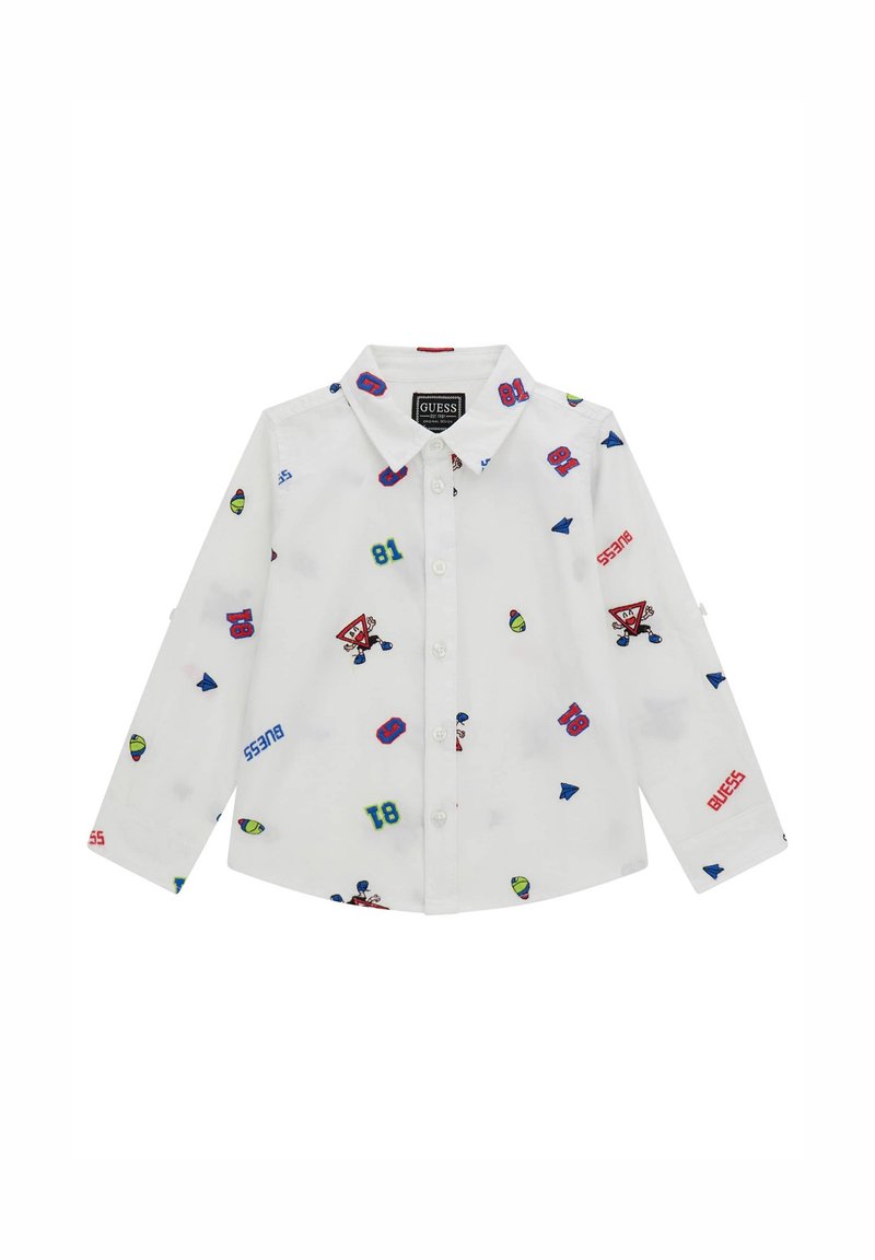 Witte overhemd met lange mouwen en knoopsluiting, versierd met speelse, meerkleurige prints, waaronder cijfers en graphics, met een klassieke kraag en zacht materiaal.