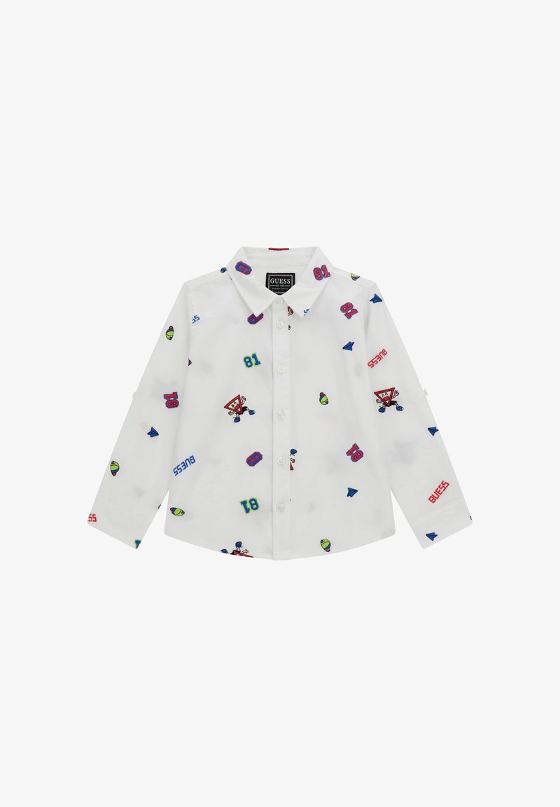 Camicia bianca a maniche lunghe con bottoni, decorata con stampe giocose multicolori, tra cui numeri e grafiche, caratterizzata da un colletto classico e un tessuto morbido.