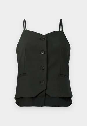 Black sleeveless buttoned blouse with thin shoulder straps and two small sewn pockets on front sides.