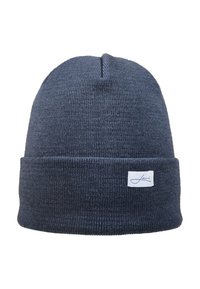 Navy knitted beanie with a folded cuff, featuring a small white label with a logo. The material appears soft and textured.