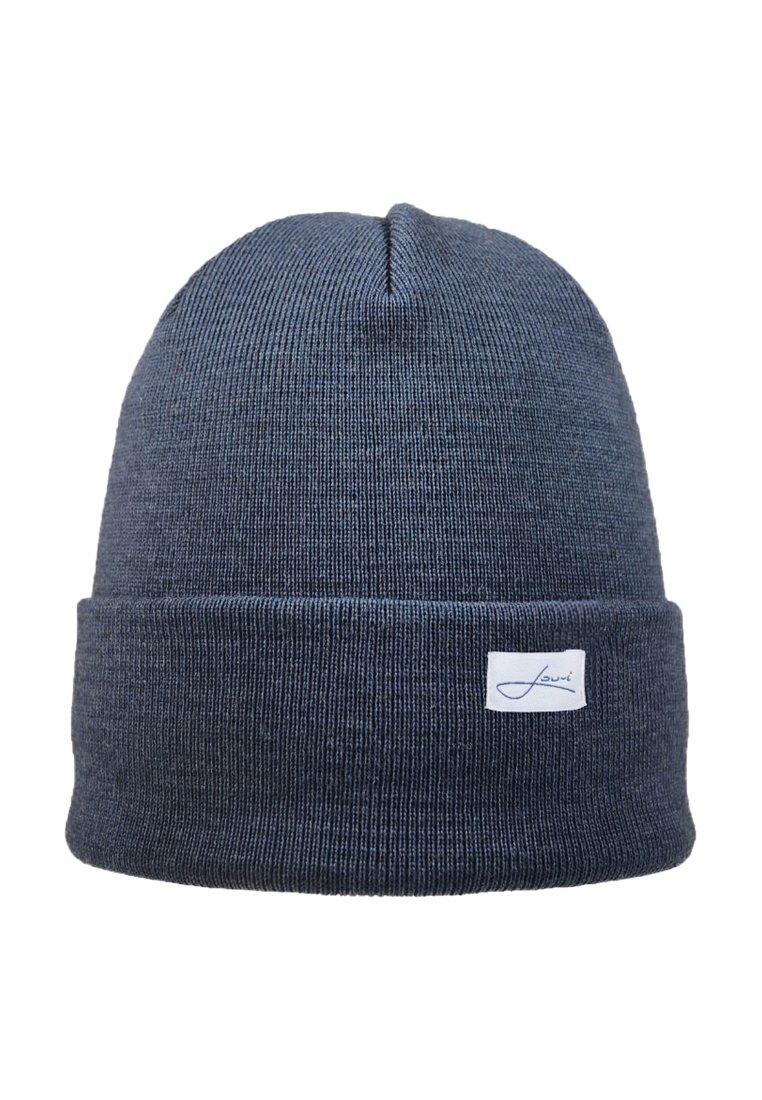 Navy knitted beanie with a folded cuff, featuring a small white label with a logo. The material appears soft and textured.