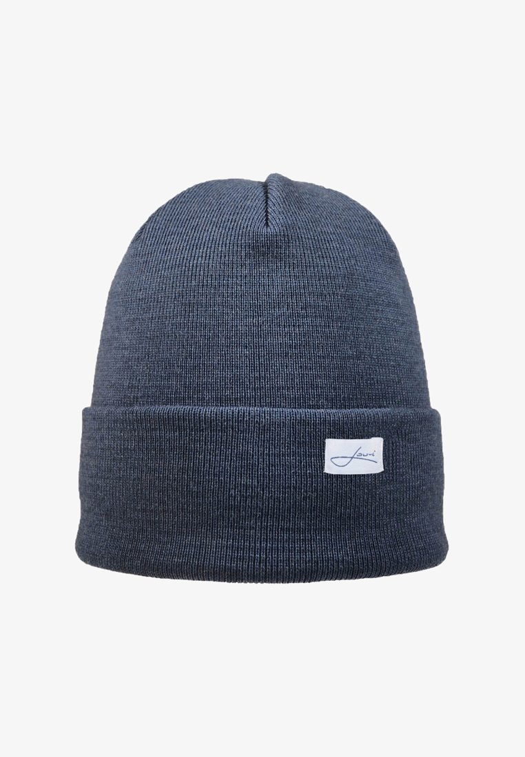 Navy knitted beanie with a folded cuff, featuring a small white label with a logo. The material appears soft and textured.