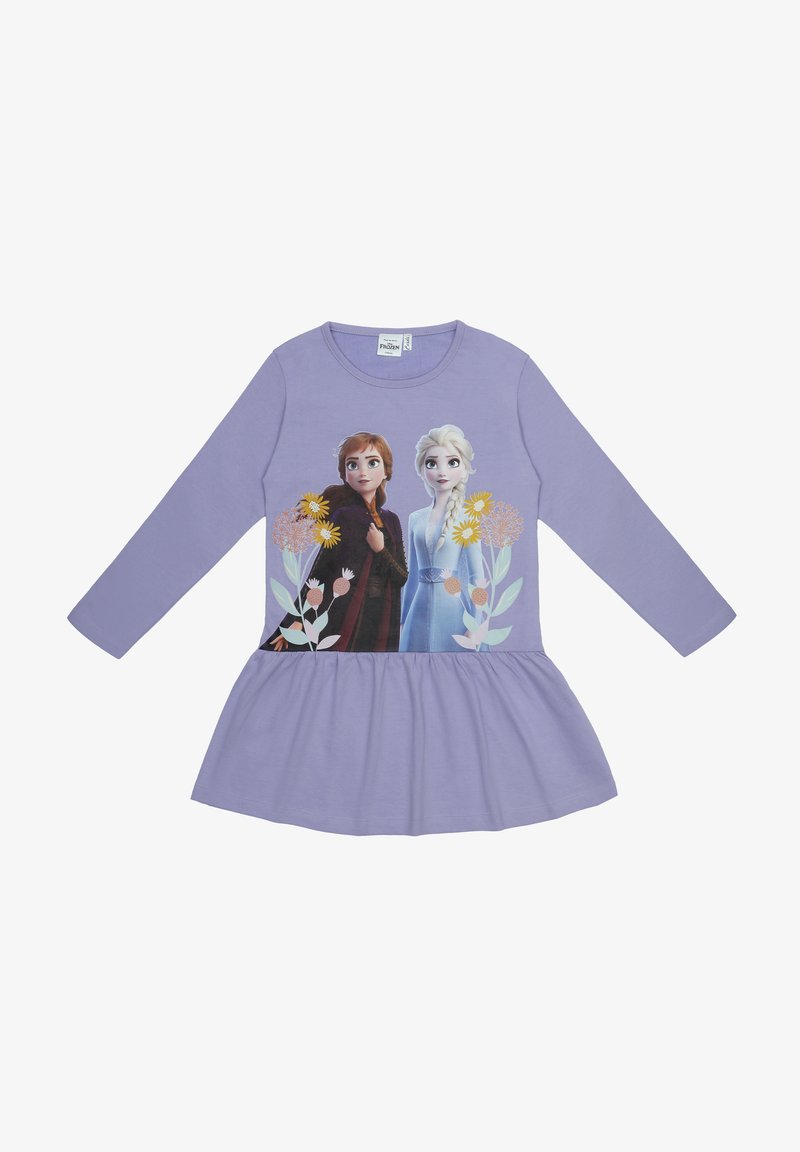 Langes lila Kleid mit langen Ärmeln, das einen Peplumsaum und eine Charaktergrafik von zwei Figuren zwischen floralen Designs zeigt. Material aus Baumwollmischung.