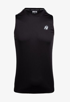 Zwarte mouwloze tanktop van glad materiaal, met een klein grijs gorilla-logo op de borst en een eenvoudige ronde halslijn.