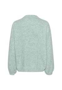 Ljust grön, avslappnad tröja med mjuk textur, rundad halsringning och något puffiga ärmar. Enkel, odekorerad design.