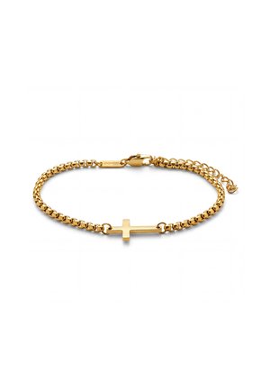 Gullfarget kjedearmbånd med et horisontalt korsanheng og justerbar lås på hvit bakgrunn.