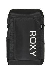 Zwarte rugzak gemaakt van duurzaam materiaal, met een opvallend wit "ROXY" logo, ritsopening aan de bovenkant, zijvak van mesh en verstelbare schouderbanden.
