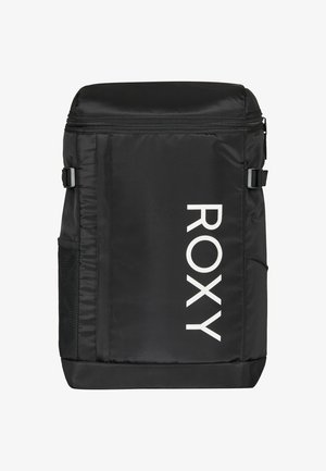 Sac à dos noir en matériau durable, arborant un logo blanc "ROXY" bien visible, une fermeture zippée en haut, une poche en filet sur le côté et des bretelles réglables.