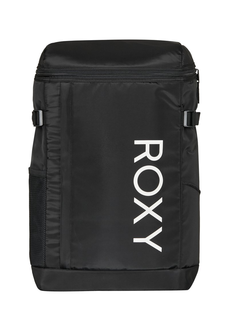 Zwarte rugzak gemaakt van duurzaam materiaal, met een opvallend wit "ROXY" logo, ritsopening aan de bovenkant, zijvak van mesh en verstelbare schouderbanden.