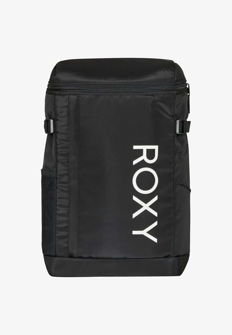 Mochila negra hecha de material duradero, con un destacado logo blanco de "ROXY", parte superior con cremallera, bolsillo lateral de malla y correas ajustables.