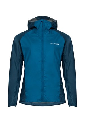 Lichtgewicht blauwe jas met een volledige ritssluiting aan de voorkant, capuchon en twee zijzakken. Gemaakt van waterafstotende stof met een gladde textuur.