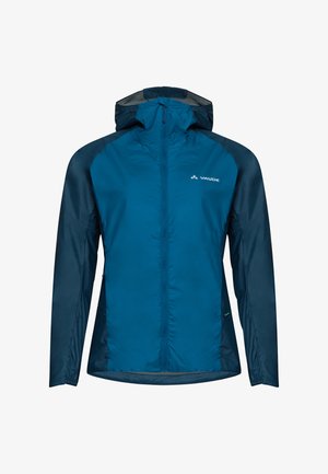 Lichtgewicht blauwe jas met een volledige ritssluiting aan de voorkant, capuchon en twee zijzakken. Gemaakt van waterafstotende stof met een gladde textuur.