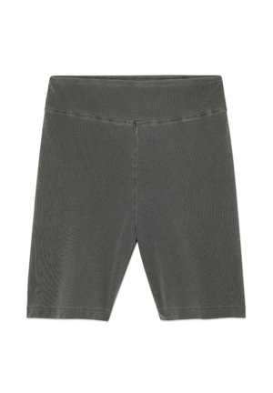 Shorts de vélo gris côtelés avec une taille élastique et une longueur mi-cuisse, présentant une texture lisse et des coutures nettes.