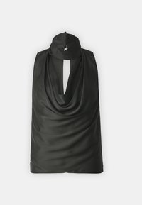 Top senza maniche nero realizzato in tessuto liscio, caratterizzato da un design drappeggiato, scollatura a cowl e un'apertura a chiave nella parte anteriore.