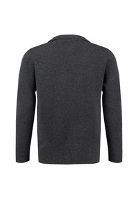 Maglione grigio scuro a maniche lunghe con una trama liscia, dotato di un colletto a scapeccio e una vestibilità rilassata. Nessun motivo o accento visibile.