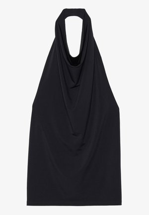 Black sleeveless top with a draped neckline, made from a soft, stretchy fabric, featuring an open back and a smooth, minimal design.