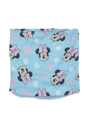 Light blue fabric featuring repeated prints of a cartoon character with black ears and pink bows, accented by white snowflakes. Soft texture.