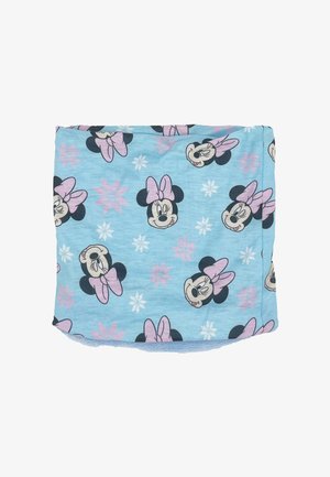 Light blue fabric featuring repeated prints of a cartoon character with black ears and pink bows, accented by white snowflakes. Soft texture.