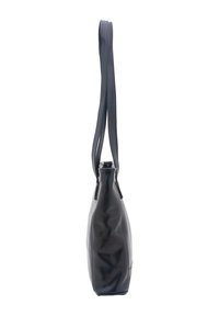 Borsa tote in pelle nera lucida con due manici piatti, forma angolare e chiusura con zip sulla parte superiore. Superficie liscia, hardware minimale.
