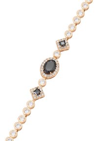 Bracciale in oro rosa con gemme nere e cristalli trasparenti, disposti in forme rotonde e quadrate alternate, con una finitura lucida.