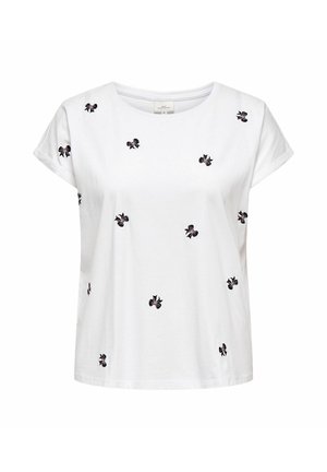 Tricou din bumbac alb cu mâneci scurte, decorat cu motive florale brodate în negru dispuse pe întreaga țesătură. Decolteu rotund, croi lejer.