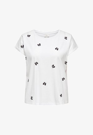White cotton t-shirt with short sleeves, featuring black embroidered floral motifs scattered across the fabric. Round neckline, relaxed fit.