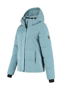 Lichtblauwe gewatteerde winterjack met capuchon, voorrits en drukknoopsluiting, twee zijzakken en zwarte binnenmanchetten.