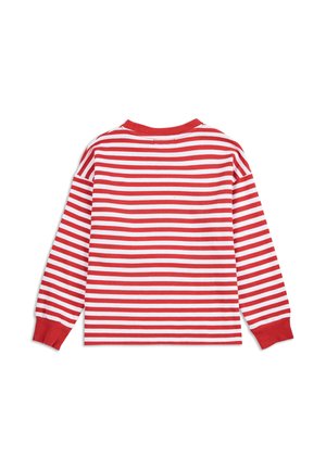 Camisa de manga larga a rayas rojas y blancas con cuello redondo y puños rojos. Tela suave con rayas verticales, sin adornos ni logotipos visibles.