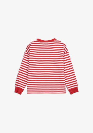 Rot-weißer gestreifter Langarmshirt mit Rundhalsausschnitt und roten Bündchen. Weicher Stoff mit vertikalen Streifen, keine sichtbaren Verzierungen oder Logos.
