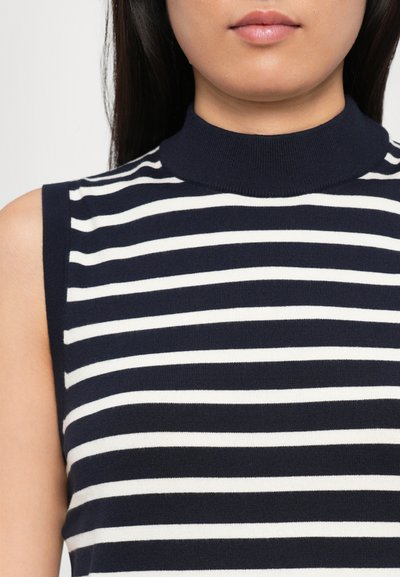 Sleeveless top with a high neckline, featuring navy and white horizontal stripes, made from a soft knitted fabric with a smooth texture.