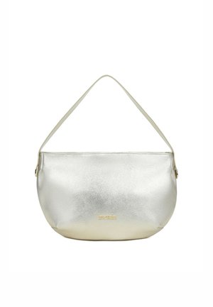 Borsa a tracolla in pelle argentata tessuta con una singola tracolla e piccolo logo dorato del marchio al centro davanti.