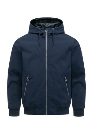 Marineblå hættejakke med frontlynlås, snøre i hætten, lynlåslommer i siderne samt ribstrikkede ærmeafslutninger og kant.