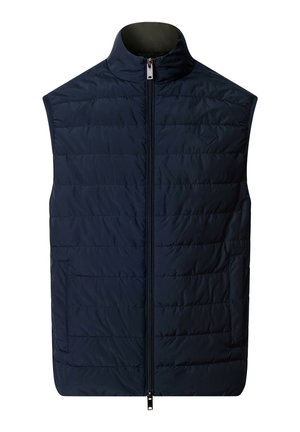 Tummansininen tikattu hihaton liivi, jossa on pystykkaulus ja etuvetoketju, sivutaskut ja hienovaraiset ompelu- ja saumausyksityiskohdat.