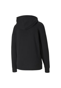 Schwarzer Hoodie mit lockerer Passform, großem Kapuzen und gerippten Bündchen. Hergestellt aus weichem Stoff, zeichnet sich durch ein einfaches Design ohne Grafiken oder Muster aus.