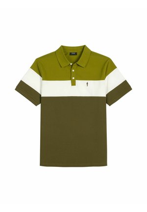 Męska koszulka polo z krótkim rękawem w poziome pasy w kolorach oliwkowozielonym, białym i ciemnozielonym oraz trzema guzikami z przodu.