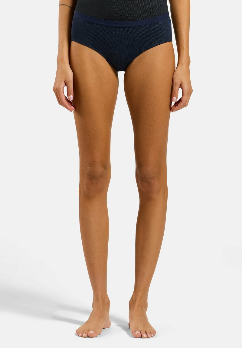 Culotte taille haute bleu marine avec une ceinture élastique douce et une texture lisse, présentant une coupe classique sans motifs ni détails visibles.