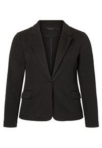 Blazer nero in tessuto strutturato, con rever a lancia, due tasche frontali, chiusura con un solo bottone e vestibilità su misura.