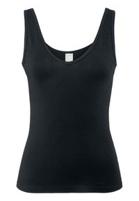 Zwarte tanktop van zachte, rekbare stof. Heeft brede schouderbanden en een diepe V-halslijn. Stevige pasvorm met een gladde textuur.