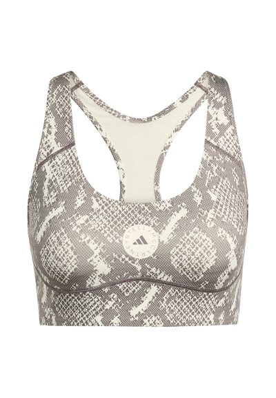Sportbh met grijs-wit slangenprint patroon en een cirkelvormig logo middenvoor, met racerback bandjes.
