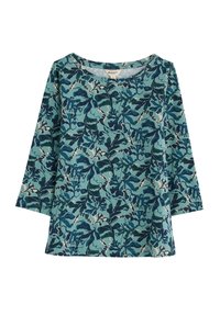Bluza s cvjetnim uzorkom u tirkiznoj boji s mornarsko plavim i krem otiscima, s okruglim izrezom i tri četvrtine rukava, izrađena od lagane tkanine.