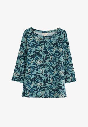 Bluse mit floralem Muster in Blaugrün mit marineblauen und cremefarbenen Akzenten, mit Rundhalsausschnitt und dreiviertel Ärmeln, aus leichtem Stoff gefertigt.